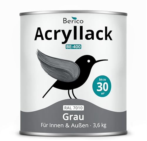 Berico Acryllack - Grau - 3,6 Kg - 4in1 Lack Buntlack Möbelfarbe Möbellack - Für Innen und Außen - Holz, Möbel, Metall & Fliesen