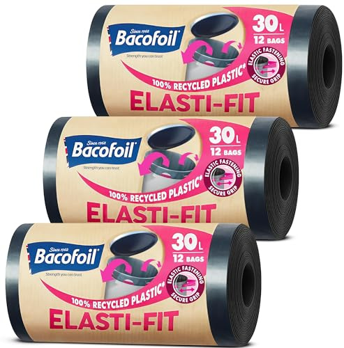 Bacofoil Elasti-Fit Bin Liners with Drawstring Handles 30L - Leak-Proof Bin Bag with Elastic Fastening for a Secure Fit (3 Rolls, 36 Bags)…