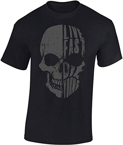 Baddery Biker T-Shirt Herren : Live Fast Die Young - Motorrad Geschenke für Männer Tshirt - Motorradfahrer T Shirt - Motorradbekleidung Zubehör (Schwarz S)