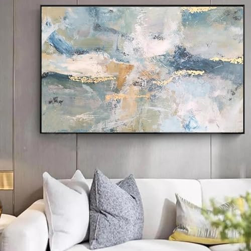 Blattgold-Bild, Kunst, blau, modernes abstraktes Gemälde auf Leinwand, Wandkunst für Wohnzimmer, Kunstwerk für Wanddekoration, 80 x 130 cm (31 x 51 Zoll) mit schwarzem Rahmen