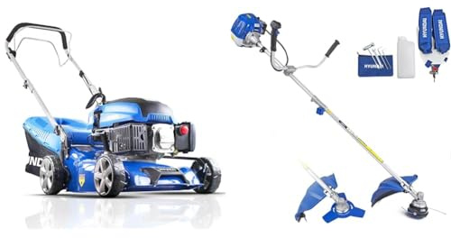 Hyundai 17/43cm 139cc Self-propelled Petrol Lawnmower, 5 Adjustable Cutting Heights & 52cc 2 In 1 Garden Tool, Petrol Grass Strimmer Trimmer & Brush Cutter, 450mm Cutting Width