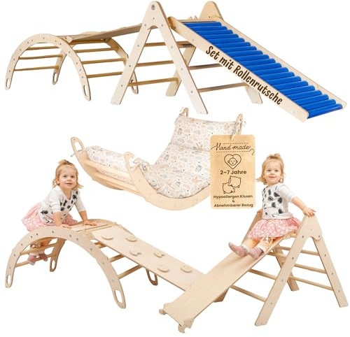 WoodsCraft 4in1 Set: Rollenrutsche, Kletterdreieck, Kletterbogen & Rampe | mit hypoallergen Kissen für Kletterbogen, holz Montessori Klettergerüst indoor, Babyrutsche, Klettern Baby & Kinder