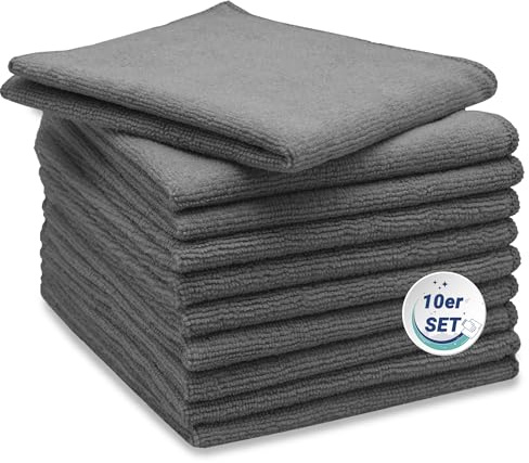 ZOLLNER 10er Set Mikrofasertücher für streifenfreien Glanz - flusenfreie und saugstarke Reinigungstücher - waschbar bis 60°C - 32x32cm in grau - Hotelqualität
