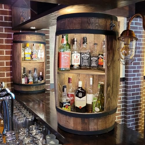 Generisch Weinregal- Weinfass-Stehtisch + Flaschenöffner + LED-Minibar-Regal rund, Alkohol-Schrumpfflaschenregal, Holzregale, Weinständer, Weinfass, Holzfass-Dekoration, Hausbartheke,