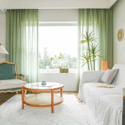Bishilin Vorhänge Halbtransparent mit Ösen, Vorhänge Grün 2er Set 96x138CM Französisch Einfarbig Gardinen Lichtdurchlässig Wohnzimmer Schlafzimmer Küche