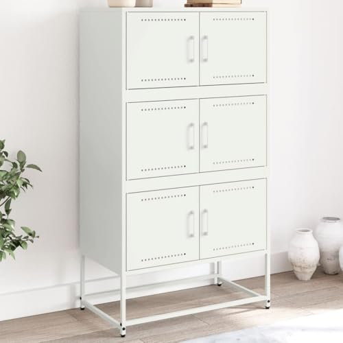 WIFESE Sideboard für Esszimmer Weiß Buffet Cabinet 68,5x38,5x123,5 cm Stahl Wohnzimmer Aufbewahrungsschrank Mit seinen 6 Fächern Reichlich Stauraum Küchenschrank Industrie-Stil Schlafzimmer