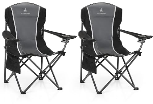 ALPHA CAMP Oversized Camping Folding Chair Heavy Duty Steel Frame Support 350 LBS Collapsible Padded Arm Chair with Cup Holder Quad Lumbar Back Chair Portable for Outdoor/Indoor (Black grey-2PC)
