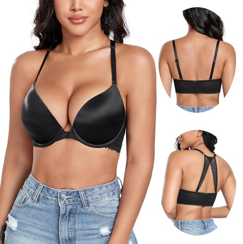 DotVol Women's Plunge Underwire Front Closure Push Up Bra Convertible Bohemian Back Everyday Bra