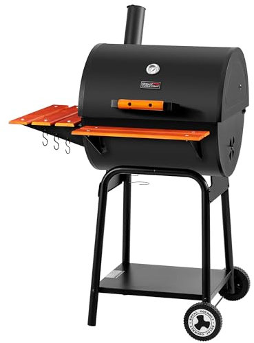 Royal Gourmet CC2024 61.0 cm Holzkohlefass Grill mit Warmhalterost, Outdoor BBQ Grill mit Holzfront- und Seitenablagen, 596 Sq in Garraum für Hinterhof, Terrasse und Partys, Schwarz