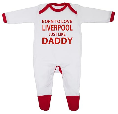 Cheekytots Born To Love Liverpool Just Like Daddy' - Soft 100% Combed Cotton Football-Themed Baby Sleepsuit for Football Fans (UK, Age, 6 Months, 9 Months, White/Red Trim)
