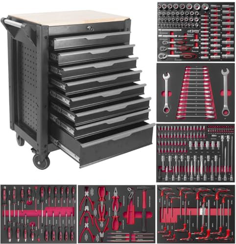 JOMAFA Carro de Taller 8 cajones con Herramienta y Bandeja de Madera, 6 MODULOS EVA Rojo