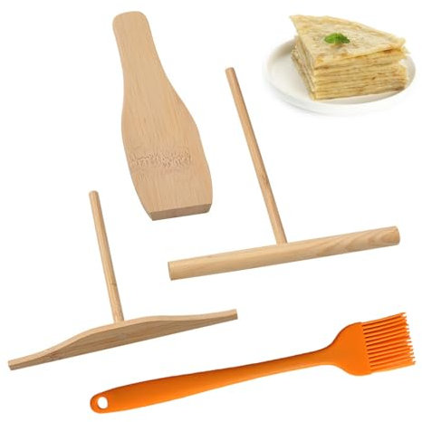LINGJIA 4 Pièces Spatule Bois Raclette, Spatule Raclette Bois, Ustensiles de Cuisine Bois, Étaleur de Pâte, Outil à Crêpes, Distributeur en Bois, Distributeur de Crêpes et Spatule
