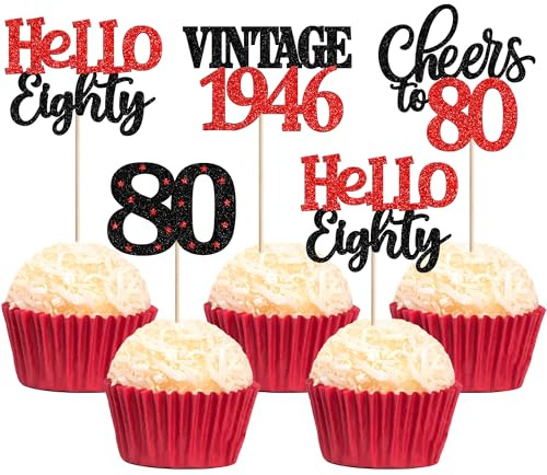 Xsstarmi 24 Pack 80th Birthday Cupcake Toppers Red Glitter 80 Hello Eighty Vintage 1946 Cupcake Picks Cheers to 80 Birthday Cake Decorations for 80 Fabulous Happy 80th Birrthday Party Supplies