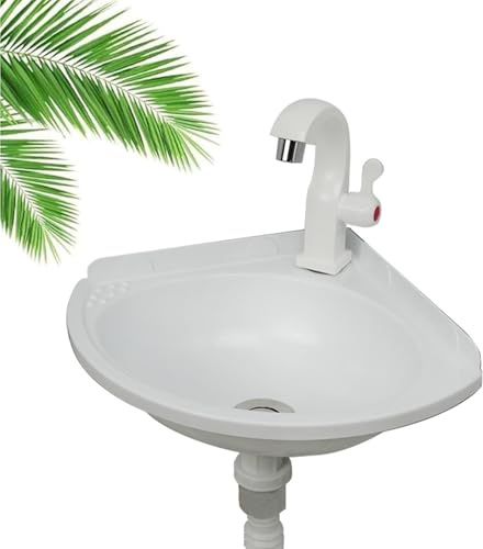 Ausgussbecken Wandwaschbecken Kleines Eck waschbecken aus Kunststoff Handwaschbecken Spülbecken Hänge Waschbecken Bad Weiß, Mini Waschbecken für Keller Wohnmobil Gäste WC