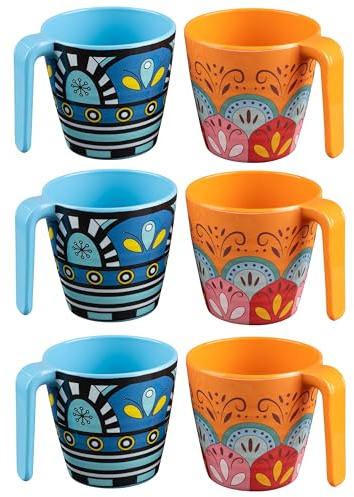 Tasses en mélamine 350 ml idéales pour le camping 6 personnes – Toscane pastel – Empilables – Aspect faïence mandala – Tasse à café