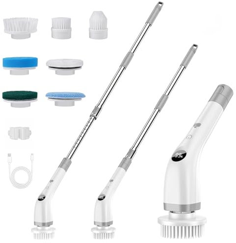 Brosse de nettoyage électrique 7 en 1 avec poignée réglable, tête interchangeable, 2 vitesses, long manche pour carrelage et baignoire IPX7