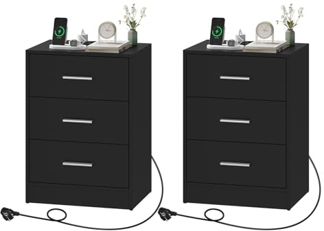 WOLTU Nachttisch 2er Set, Beistelltisch mit Ladefunktion, Steckdose, 3 Schubladen, Nachtschrank, Nachtkästchen für Schlafzimmer, Wohnzimmer, Flur, Büro, Modern Schwarz
