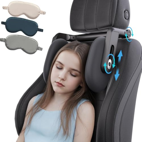 Auto-Kopfstützenkissen mit 2 Haken, verstellbare Autositz-Nackenstütze für | 360° drehbare Reise-Schlafkopfstütze mit Memory-Schaum & Eisseide, Augenmaske inklusive, Autositz-Kopfstütze für Erwachsene