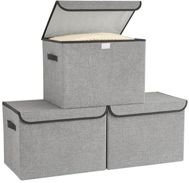 Bagnizer Fabric Storage Boxes with Lids & Handles 3PCS Collapsible Storage Basket Bins for Clothes Toy Small Storage Box Folding for Wardrobe Bedroom Office Grey 25x20x15CM