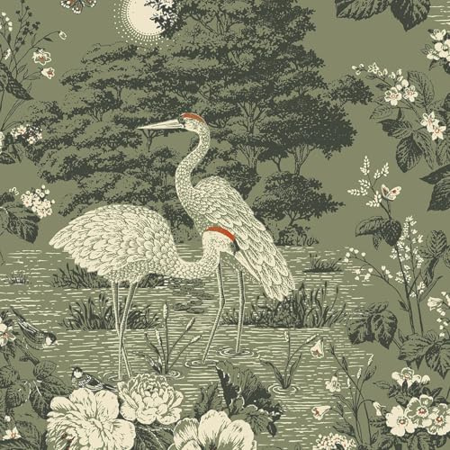 Belgravia Decor Izumi Papier peint japonais oriental élégant sur le thème de la grue Idéal pour les salons, chambres contemporaines, salles à manger et toilettes, revêtement mural en vert 743