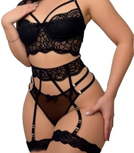 Sikeydels Sexy Outfit für Damen,Dessous-Sets für Damen,Dessous Sexy Unterwäsche,unterwäsche Frauen Set,Lingerie Women,Spitze Strapsgürtel,BH + Panty + Strumpfhalter für Frauen(M)