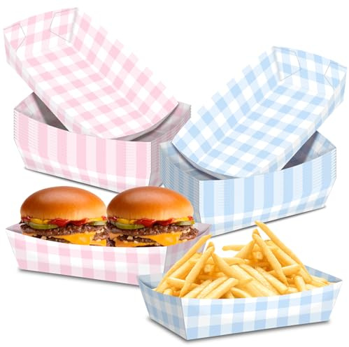 No Folding Required 50 Pack 2Lb Light Blue and Pink Gingham Plates Paper Trays Grease Resistant Large Snack Serving Trays Disposable Food Boats for Baby Shower Wedding Tea Party Supplies