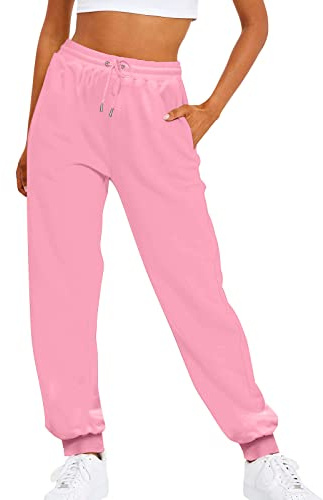 YCBMINGCAN Pantalones de chándal para mujer, color liso, cintura elástica, informales, sueltos, de forro polar, ropa interior de esquí, pantalones largos, Rosa., S