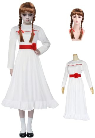 Costume d'Anna pour enfants, robe blanche avec ceinture et perruque, costume de film effrayant et effrayant pour Halloween