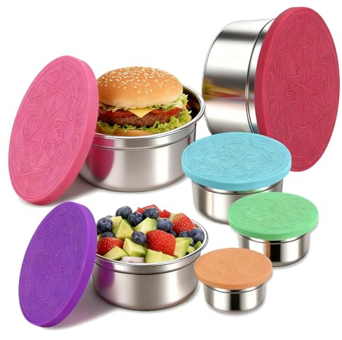YJSLICT 6 Pack Stainless Steel Lunch Containers with Lids Set, Round Nesting Snack Container (Size 38, 24, 12, 6, 4, 2oz), Metal Salad Containers for Lunch, Picnic, Home, Travel