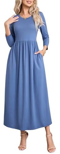 Enmain Robe Longue Manche Longue Femme Bleu Marine Automne/Hiver Elegant Couleur Unie Robe Femme Longue A Line Haute et Chic Dress avec Poches col Rond, XL