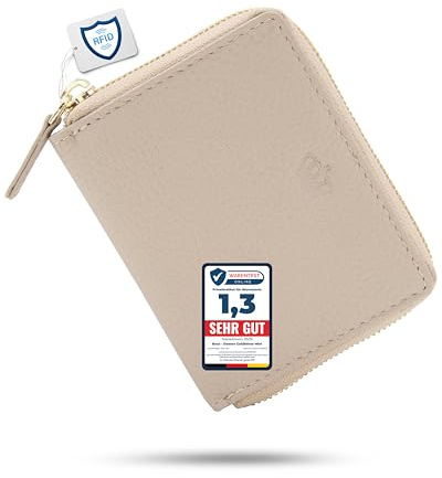 Baur Damplånbok i äkta läder | miniplånbok med RFID-skydd | liten plånbok med 6 kortfack | sedel- och myntfack | dragkedja runt om, toupe, 12 x 9 x 2 cm, Guld dragkedja
