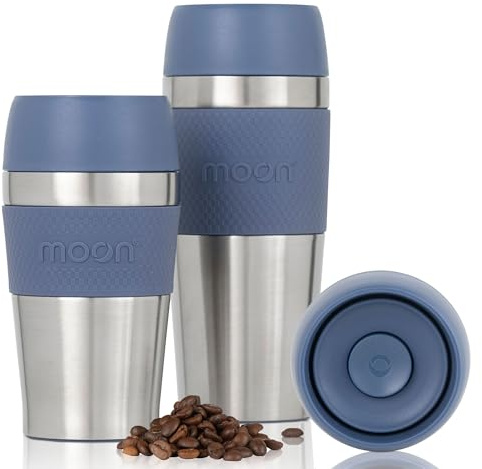 Moon 360° Travel Mugs - Leakproof Reusable Coffee Cup for Hot Drinks - Insulated Stainless Steel Thermal Mug, Fits Car Cup Holders (450ml, Recycled Metal/Blue)