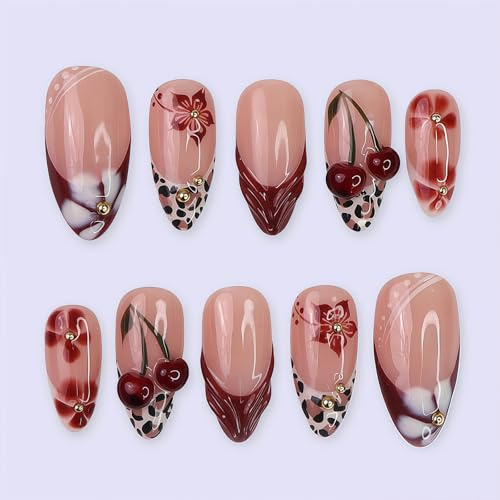 ZenithBurst Ongles press-on courts, Soft Gel Press On Nails, Faux ongles amande rouge French avec fleurs 3D et motifs cerises, Ongles en acrylique avec motifs léopard