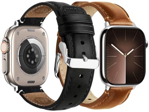 Fullmosa 2 stycken äkta läderarmband för Apple Watch 46 mm (serie 10/11) 44 mm 45 mm 49 mm (Ultra 3/2/1) 42 mm, ersättningsarmband kompatibelt med iWatch SE3 2 serie 11 10 9 8 7 6 5 4 3 2 1