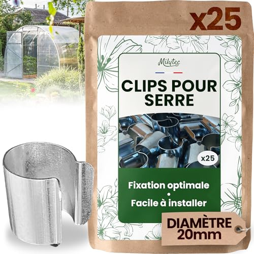 Lot de 25 Clips pour Serre Diamètre 20mm en Acier galvanisé, Clips de Fixation en Métal pour Bâche de Serre Tunnel pour Jardin, Protection semis et Plantations, Résistance au Vent et Tempêtes