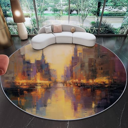Rund Teppich für Wohnzimmer Durchmesser 180 cm, rutschfeste Bunt Flanell Teppich, Abstrakt Ölmalerei-Stil Stadtansicht Design, Waschbar Teppiche für Schlafzimmer Küche Dekoration
