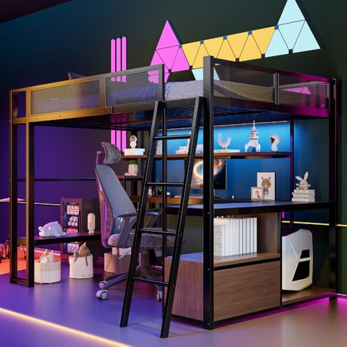 Cama alta de 140 x 200 cm, cama alta de metal para videojuegos con iluminación LED, incluye mesa y espacio de almacenamiento, cama multifuncional con estructura de hierro, color negro, 140 x 200 cm