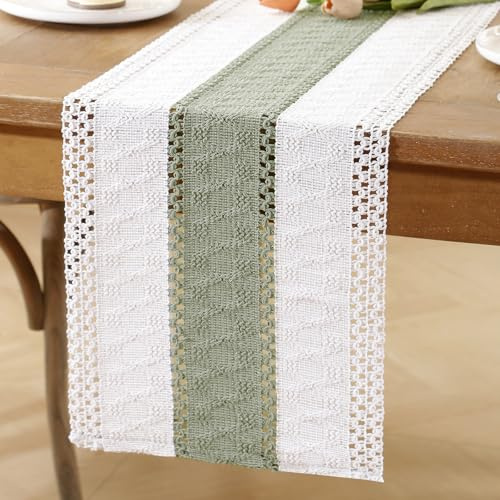 Tischläufer 40x140cm Salbeigrün Creme Boho Deko mit Makramee Baumwolle Landhausstil Leinen Jute Tischläufer Vintage Tischdecke für Hochzeit Küche Esstisch Rustikale Hochzeit Küche Deko