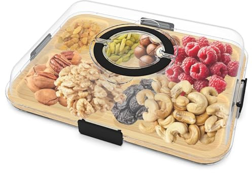 Hipzeepo 6 Compartments Bamboo Charcuterie Boxes, Travel Portable Cheese Board Cutting with Clear Lid and Handle Black