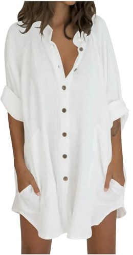Flodxo Womens Linen Tops Summer Casual Loose T-Shirt Oversized Cotton Button Up Shirts Plus Size Longline Tunic Top 3/4 Sleeve Holiday Boho Blouses Hawaii Beach Cover Up Ladies Clothes