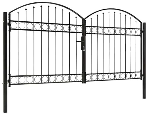 QJBSAVVA Puerta de valla ASSEN 300 x 125 cm, doble puerta con cierre de arco, robusta puerta de jardín de acero pulverizado en color negro – Puerta de patio de dos hojas incluye cerradura, mango y