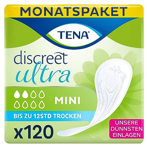 TENA Discreet Ultra Mini, 120 Incontinence Pads (20 x 6 packs) Individually Wrapped, for Women with Light to Medium Bladder Weakness, Incontinence and Unpredictable Drips (Packaging may vary)