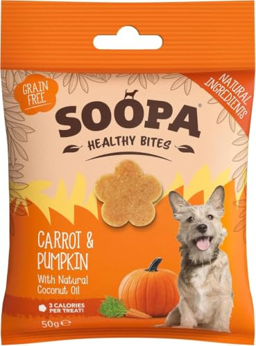 Soopa Carrot & Pumpkin Healthy Bites, Dog Training Treats, 50 g, 1-Pack | Human-Grade, Grain-Free, Natural Dog Treats for Small Dogs, Medium, Large, Puppy, Low Calorie, Superfood Ingredients, Vegan