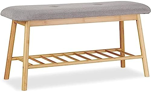 Relaxdays Scarpiera Panca in Bambù, 2 Posti, Imbottita, con Ripiano per 4 Paia di Scarpe, Comoda, Marrone-Grigio