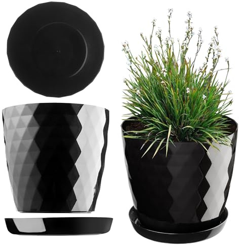 KADAX Maceta para Flores, Maceta con Base, Maceta de plástico para Interior, Macetero Redondo, Maceta Decorativa, Maceta Moderna Interior, 14 cm, Negro