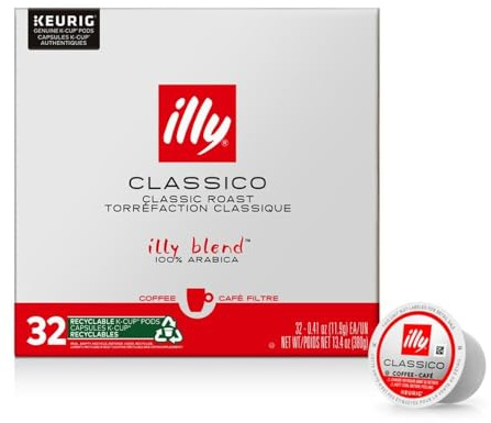 illy Coffee K Cup, Pods for Keurig Machines, Classico Medium Roast, 100% Arabica, Premium Italian Coffee, 32 Count, 1 Pack