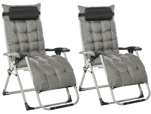 Outsunny 2 Piece Reclining Zero Gravity Chair Metal Frame Folding Garden Sun Lounger with Cushion Headrest, Dark Grey
