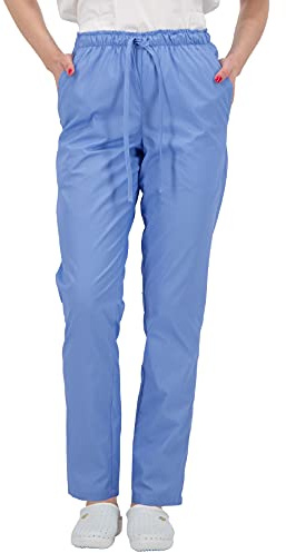 B-well ALESSI Medicinska slip-on-byxor, arbetsbyxor, multifickor, unisex med elastisk linning och bakfickor, sjukhus, uniformsbyxor med medelmidja och elastisk linning med resårband, Ljusblå, M