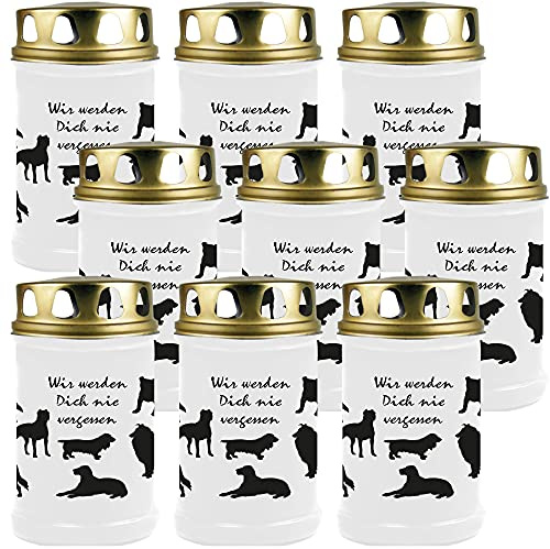 HS Candle Grabkerze Grablicht - 9er Pack - (Hunde) - ca 48h / 2 Tage Brenndauer je Kerze (14,5cm, Ø 7cm) - viele versch. Designs