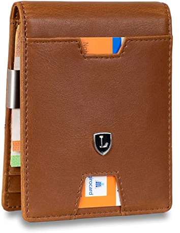 Lederhand® iSlim - Glattleder Geldbeutel mit Geldklammer und Münzfach, 9 Kartenfach Premium Geldbörse - Slim Wallet mit RFID NFC Schutz - Farbe | (Hellbraun)